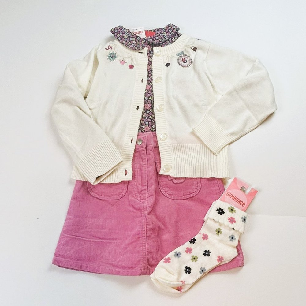 NWT Gymboree Girl 2 Pocket Skort, Charm Bracelet Cardigan, Blouse & Sock Size 6